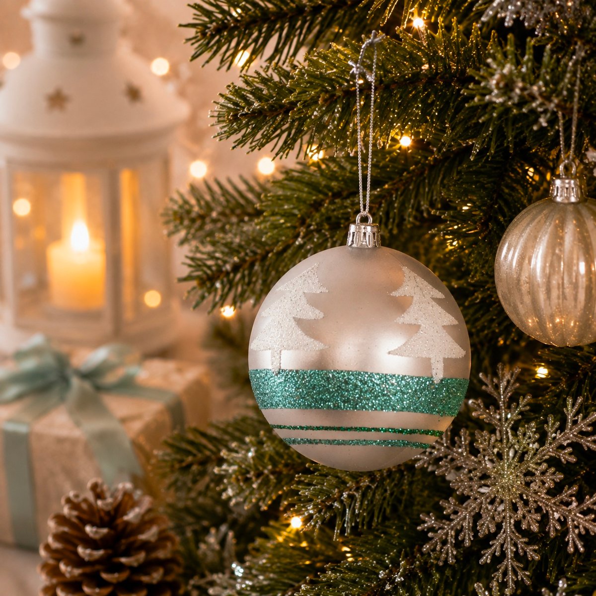 Boule de Noël décorée Sapins Argent 8 cm vert, EDEN