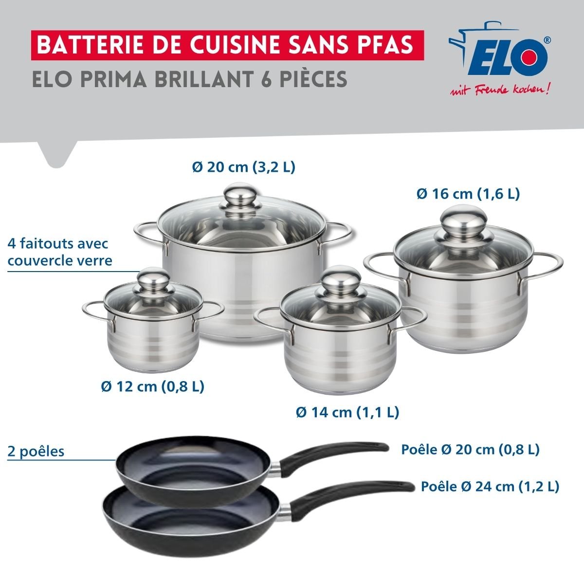 2 poêles 20/24cm + 4 faitouts 12/14/16/20cm PRIMA BRILLANT noir, ELO