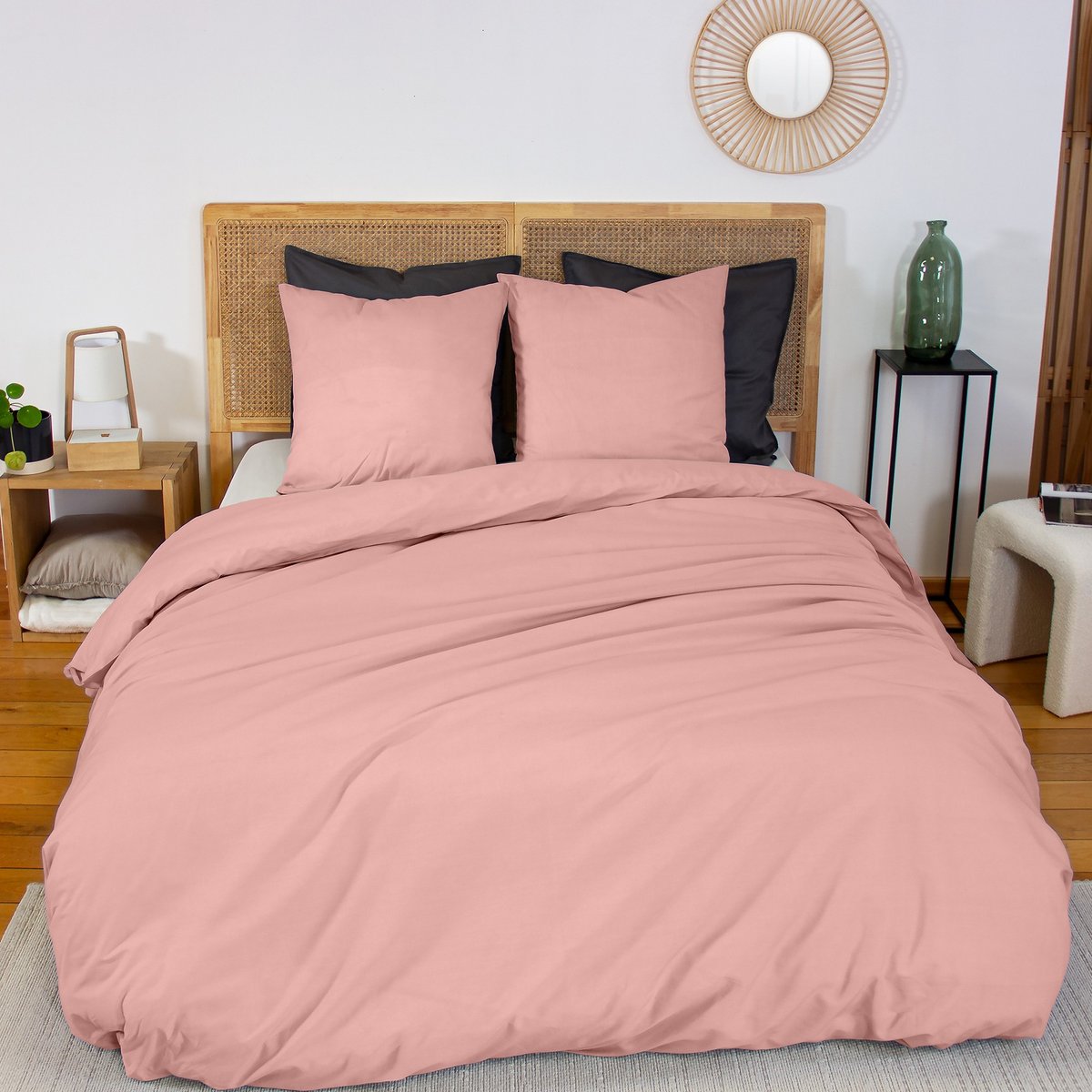 Parure de lit - housse de couette avec taies en percale de coton rose thé, EDEN