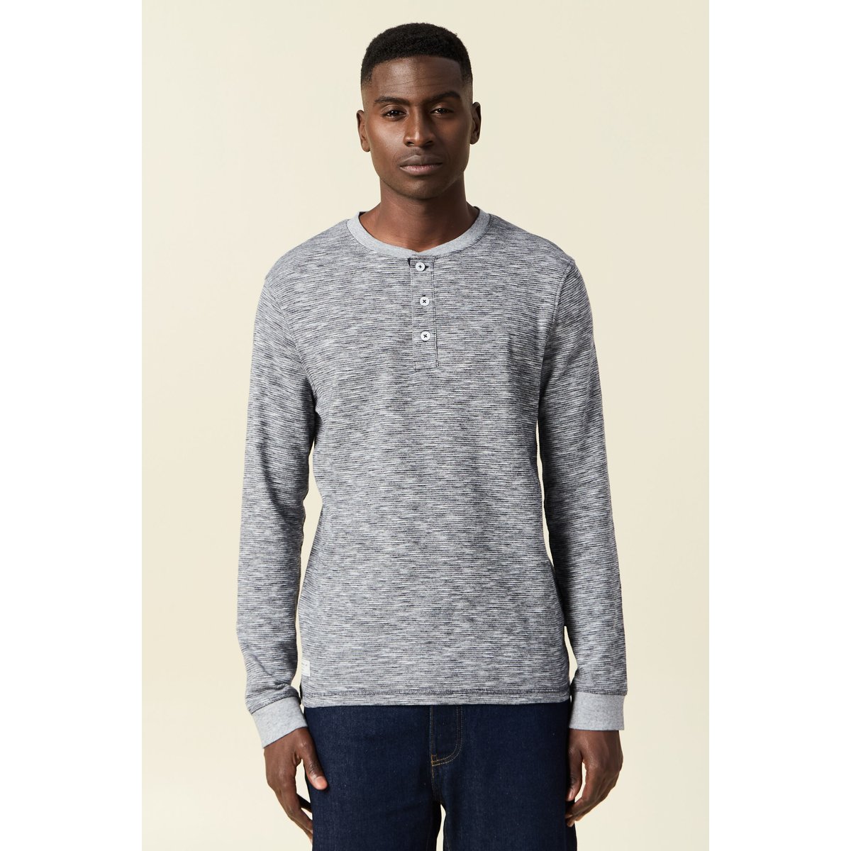 T-shirt en coton manches longues bleu foncé, BONOBO