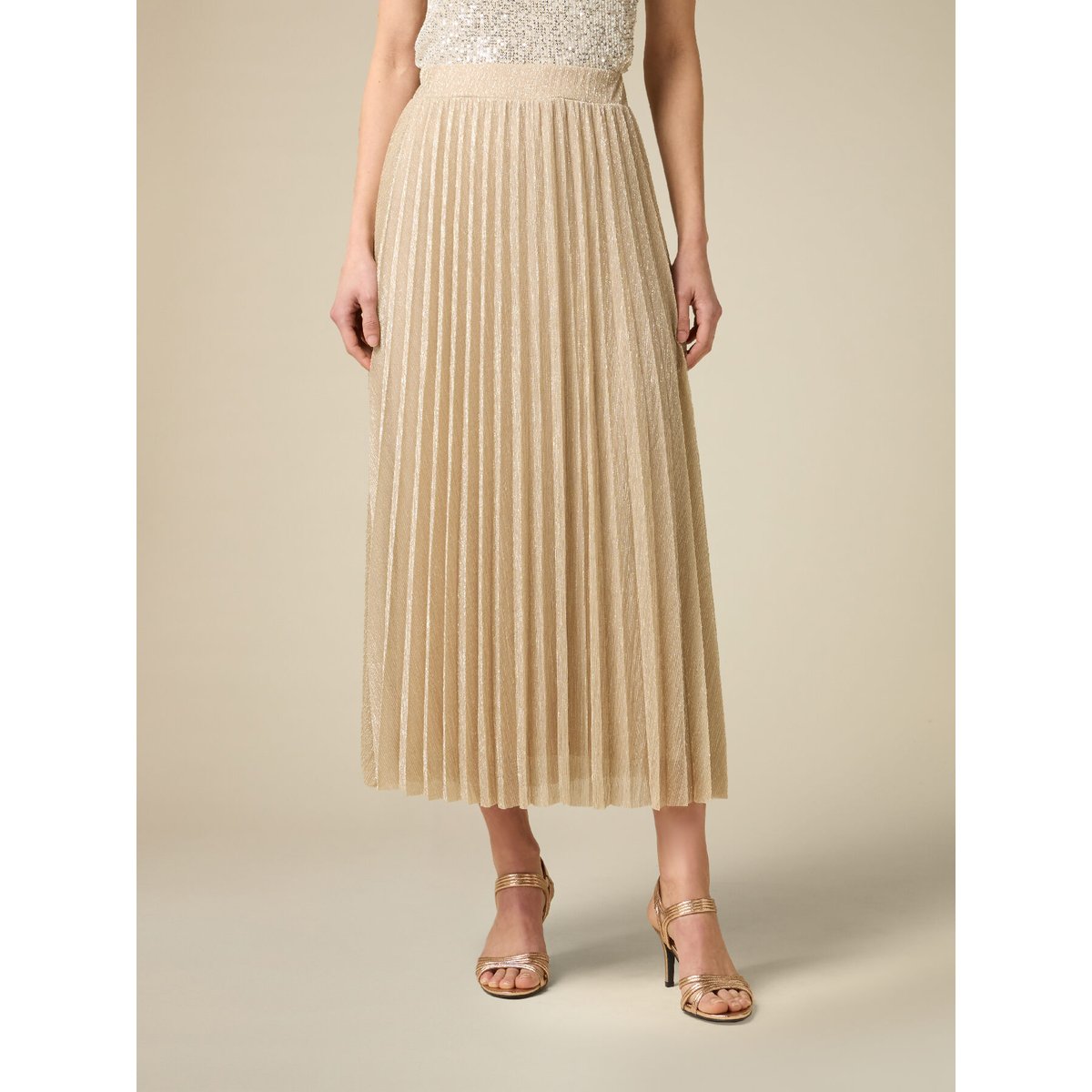 Jupe longue plissée en fil textile oro, OLTRE
