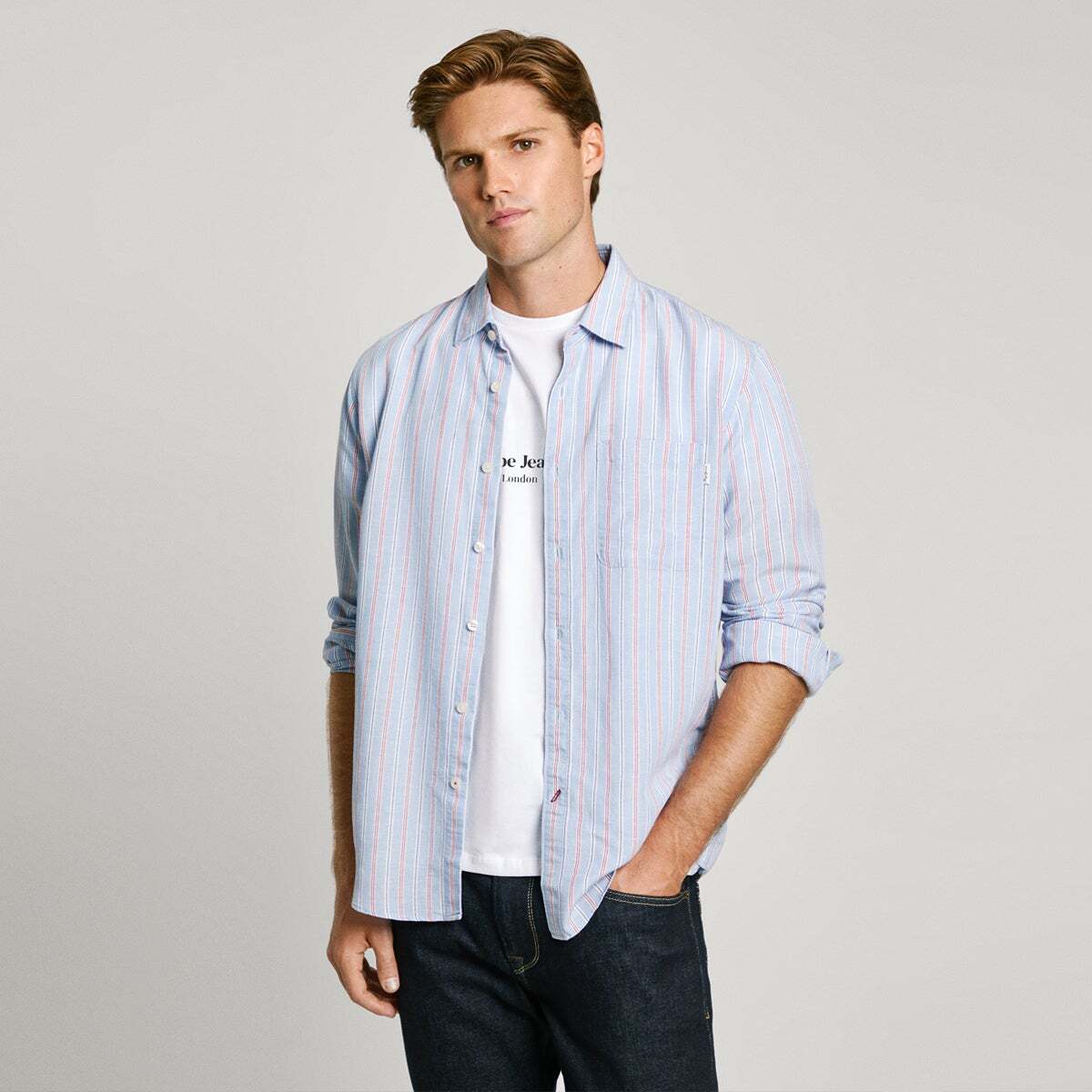 Chemise Coupe Regular À Rayres En Popeline bleu clair tamise, PEPE JEANS