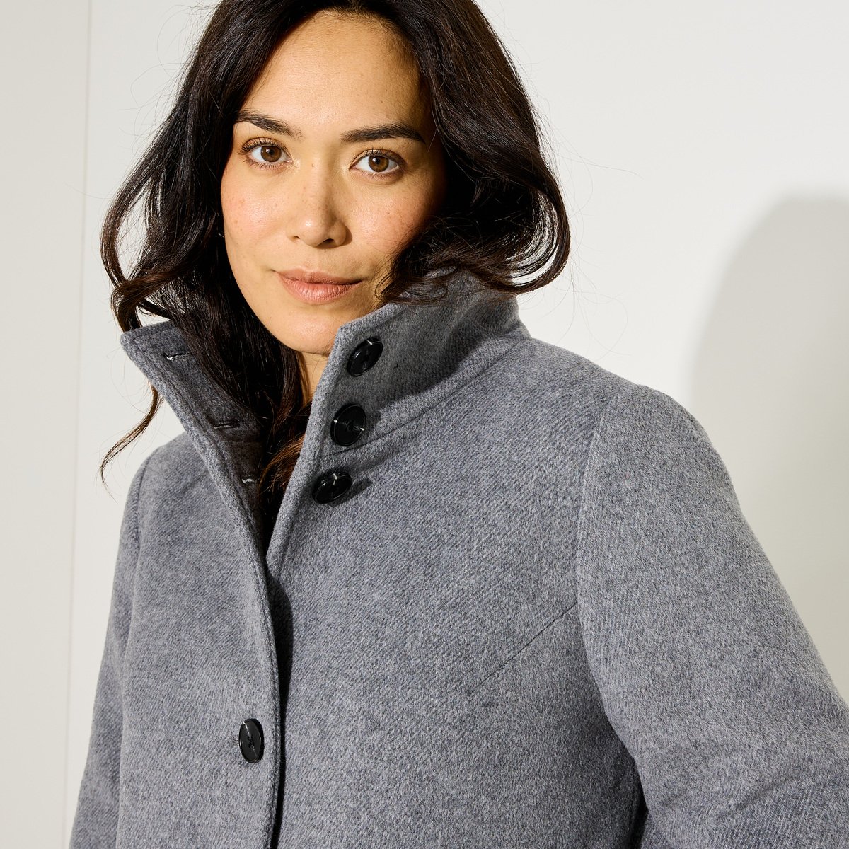 Manteau mi-long col montant gris, GRAIN DE MALICE