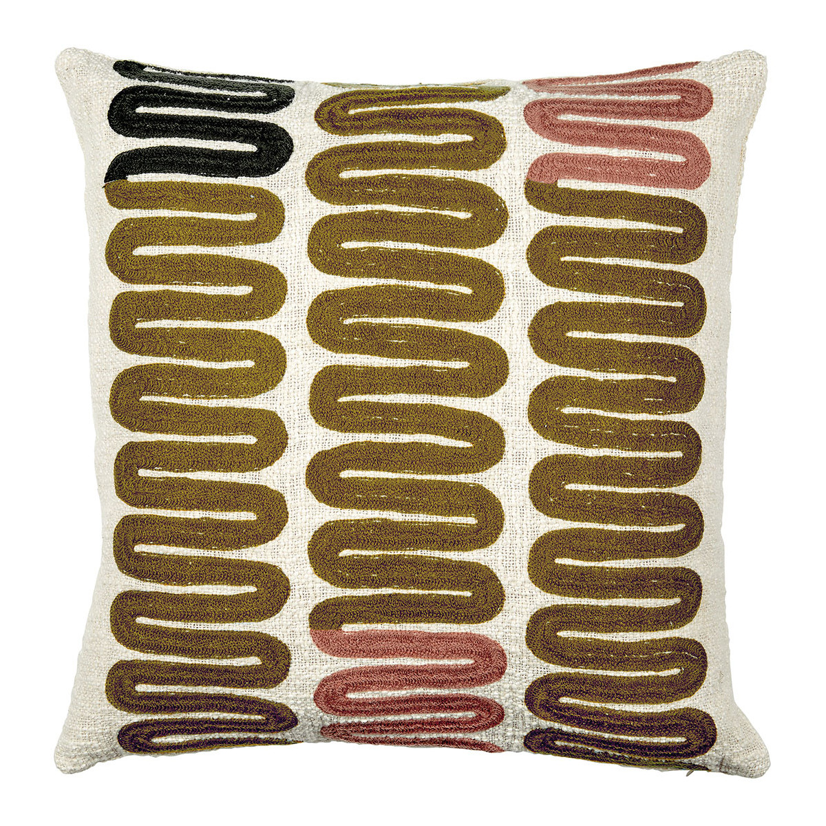Housse de coussin ONDES en polycoton brodé multicolore, BLANC D’IVOIRE