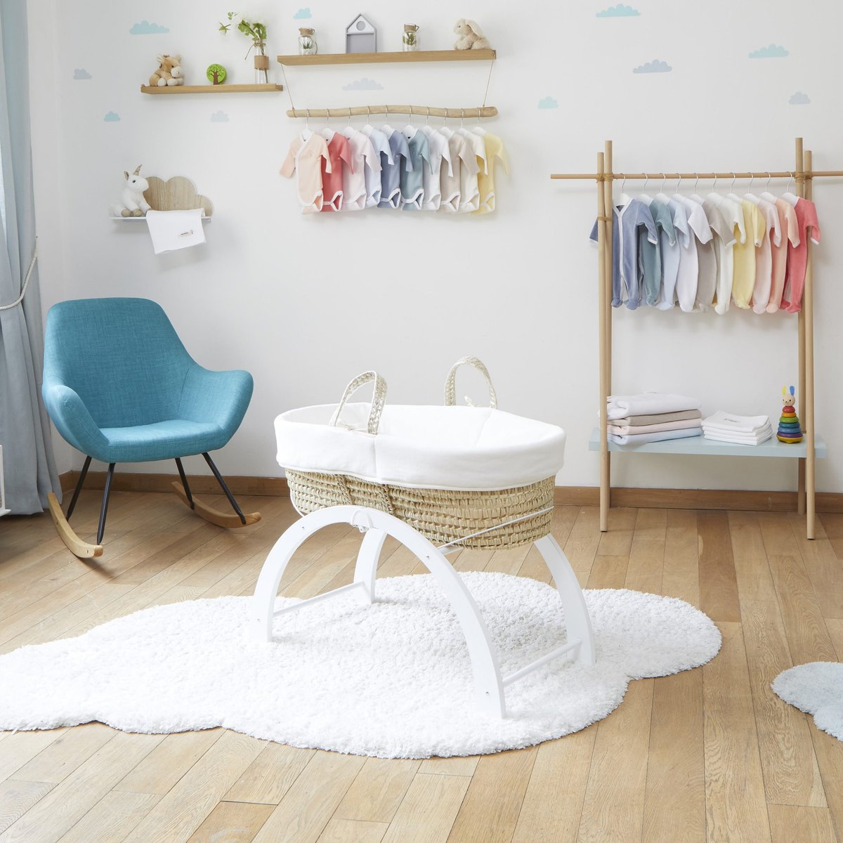 Couffin bébé en coton bio avec support réversible blanc neige, PREMIERS MOMENTS