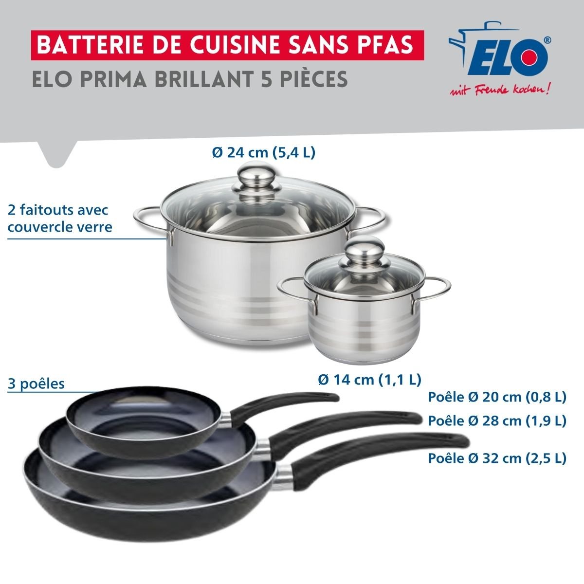 Batterie 3 poêles 20/28/32cm + 2 faitouts 14/24cm PRIMA BRILLANT noir, ELO
