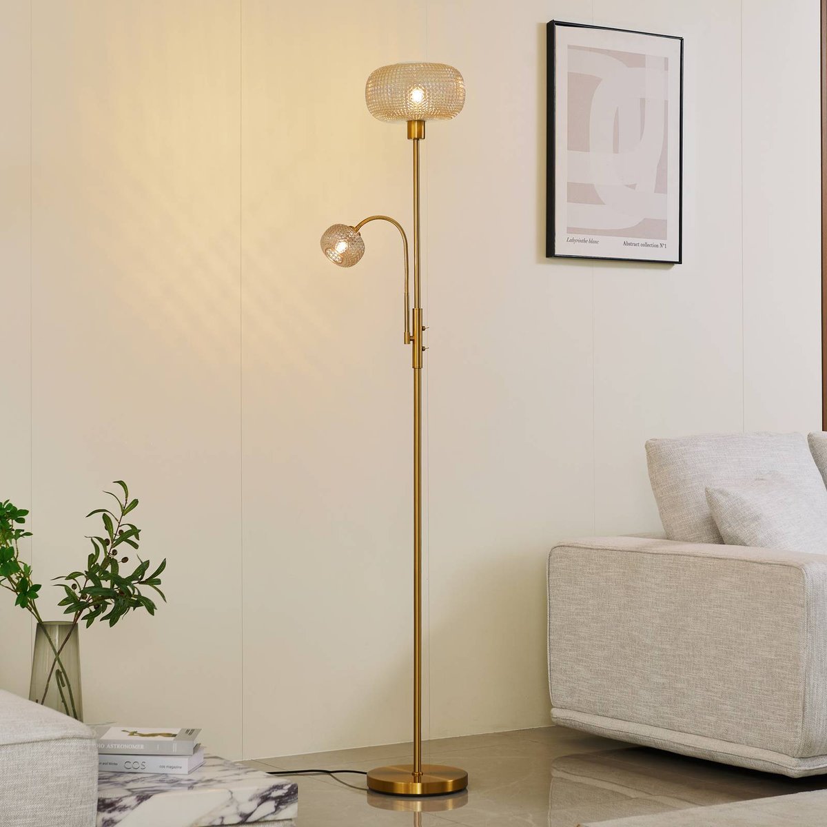 Lampadaire en métal moderne, Aliette ambre, or, LINDBY