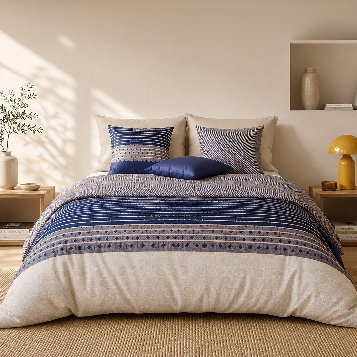 Parure de lit en percale de coton rayures horizontales, BLEVARIS multicolore, ATELIER DU COTON
