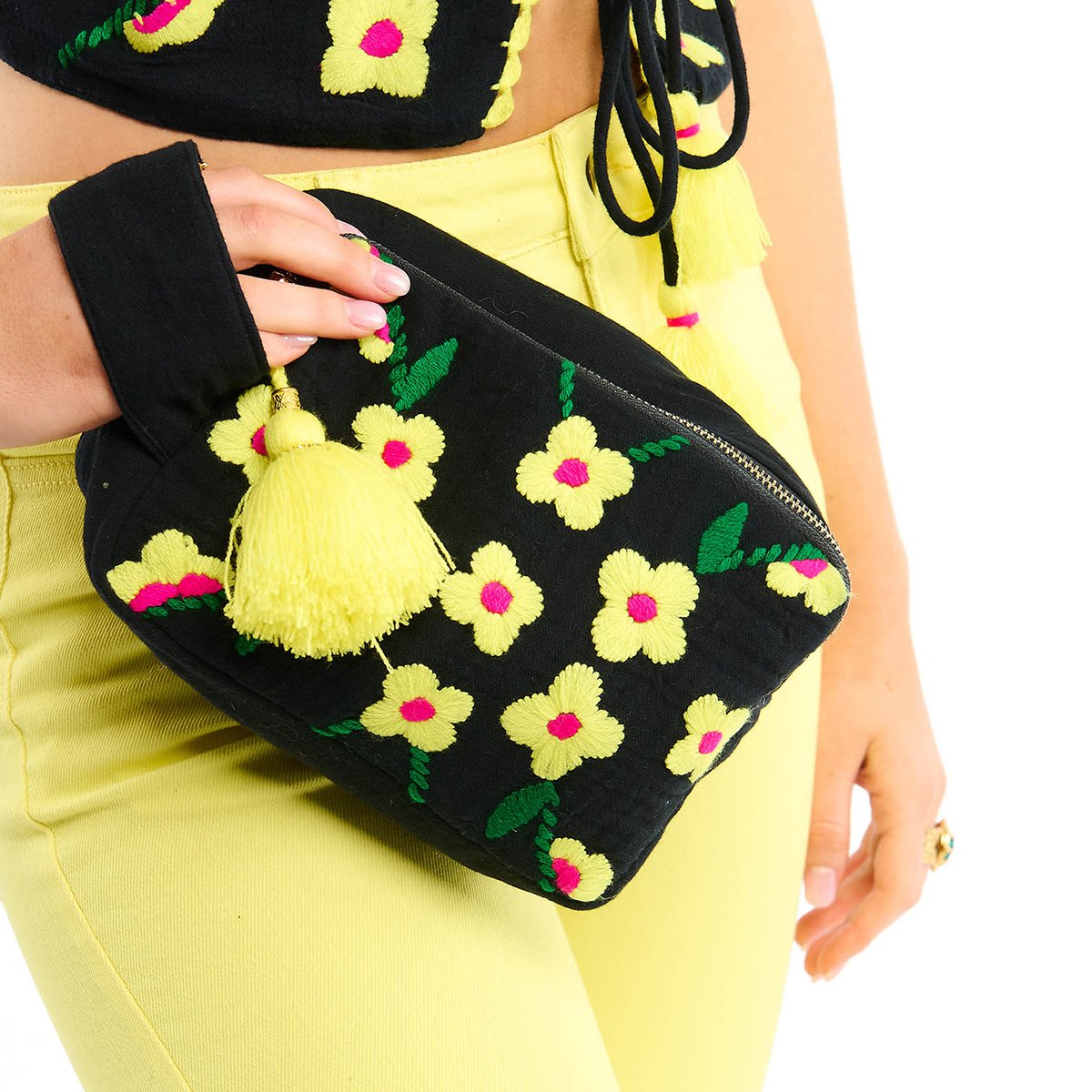 Pochette broderies fleurs KLERVIE noir, WILD