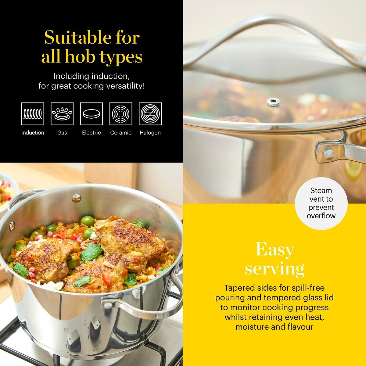 24cm Stainless Steel Casserole with Lid silver-coloured, GOOD FOOD BY TOWER