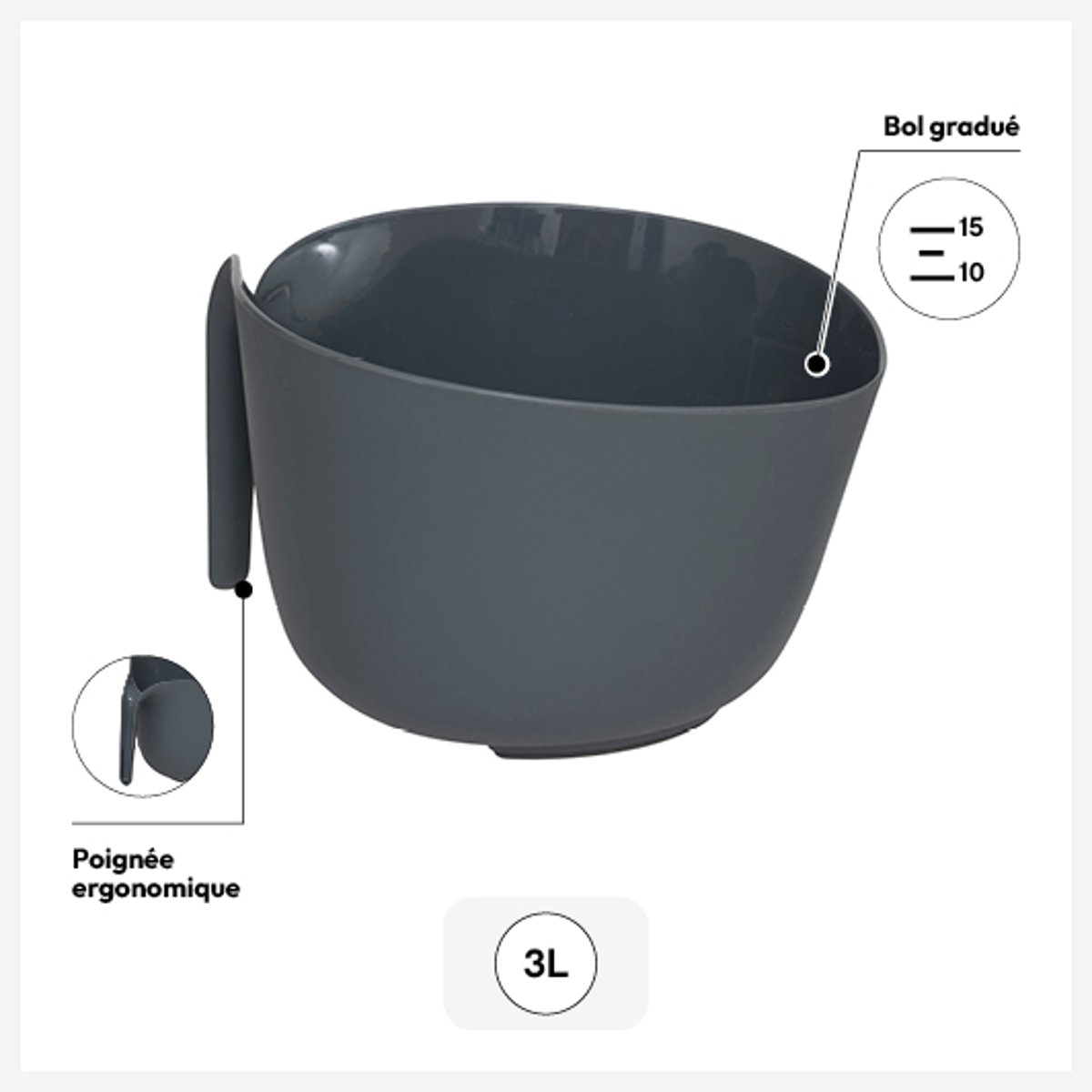 Bol à mixer avec graduactions 3L NÉO gris clair, 5FIVE SIMPLY SMART