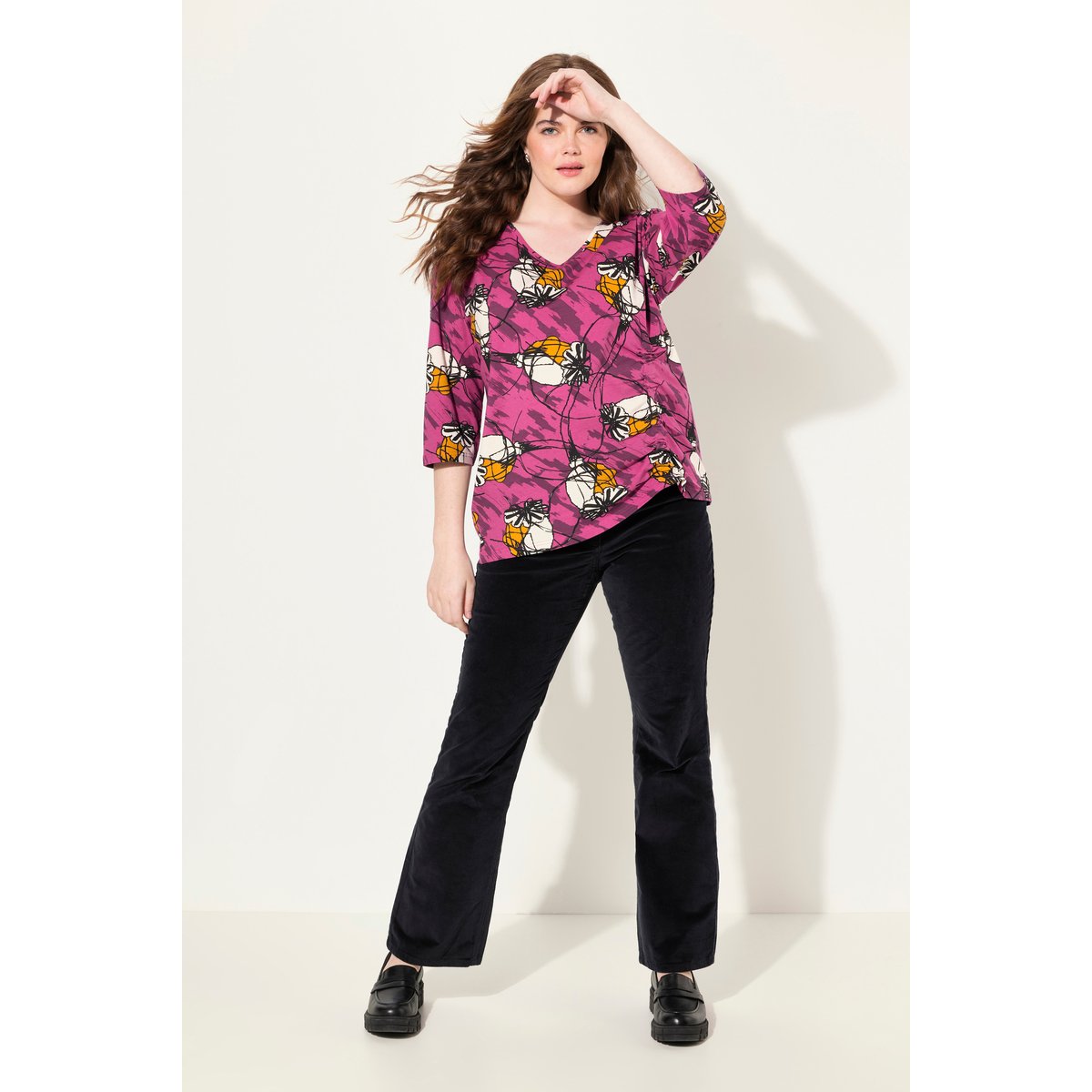 T-shirt en coton bio. Ruban à froncer fuchsia, ULLA POPKEN