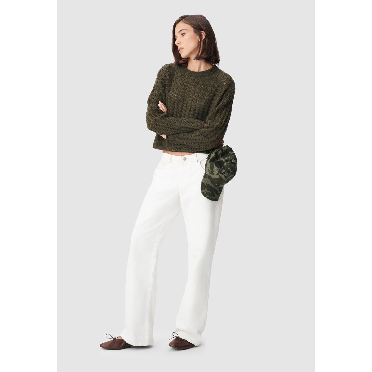 Pull tricot ajouré vert kaki, IKKS