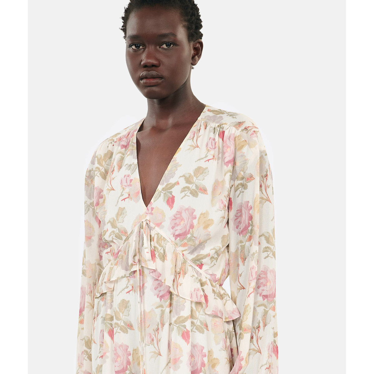 Floral Silk Maxi Dress with Ruffles and Long Sleeves beige print, THE KOOPLES
