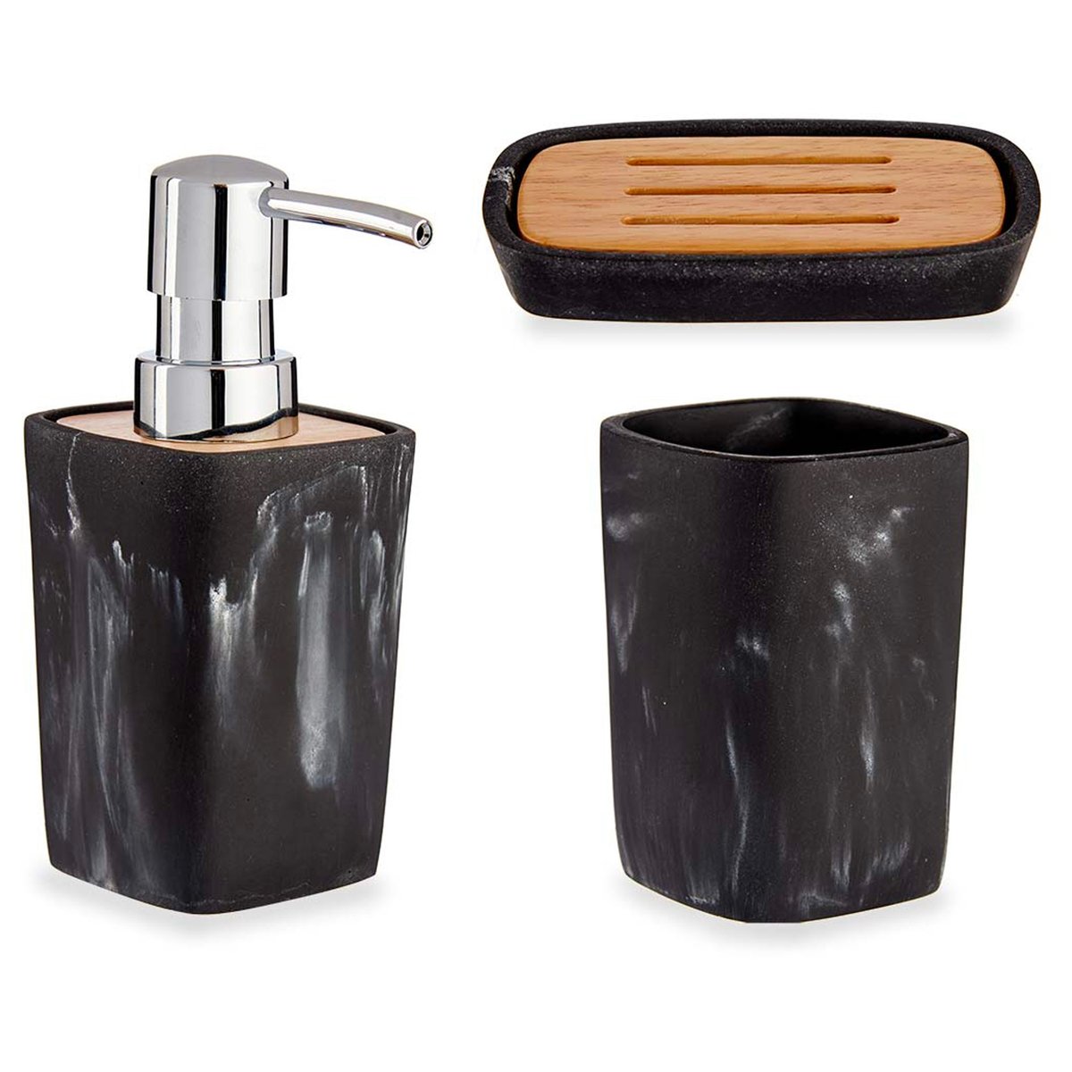 Set salle de bain plastique effet marbre noir et bambou - 3 pièces noir, WADIGA