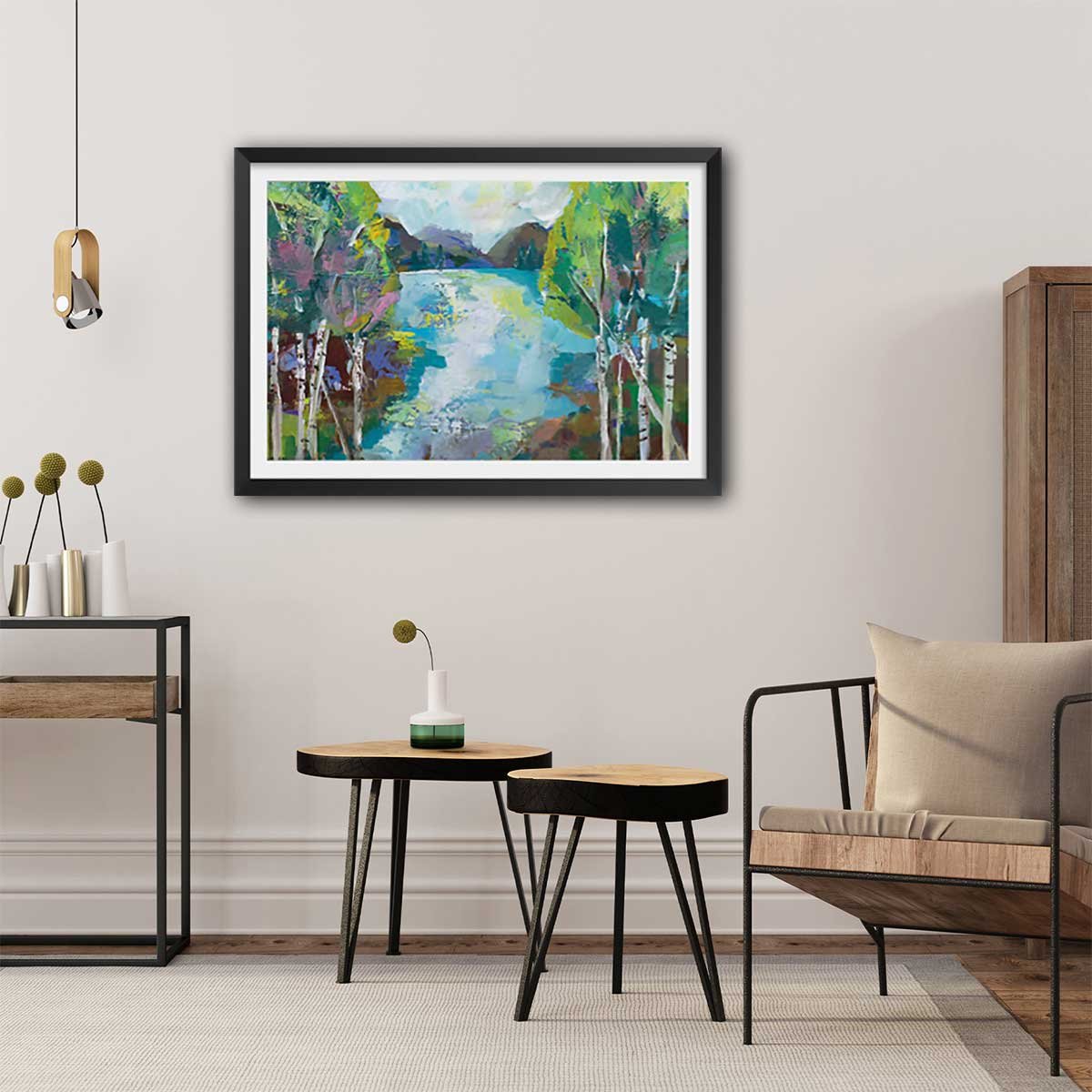Affiche Bouleaux au bord de l'eau affiche + cadre en bois - noir, HEXOA