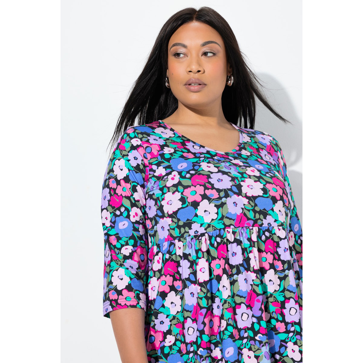 Robe maxi en jersey, motif floral noir, ULLA POPKEN