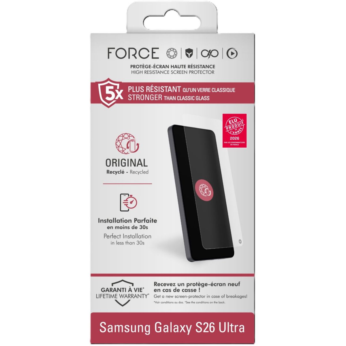 Protège écran original pour S26 Ultra GRS couleur unique, FORCE GLASS