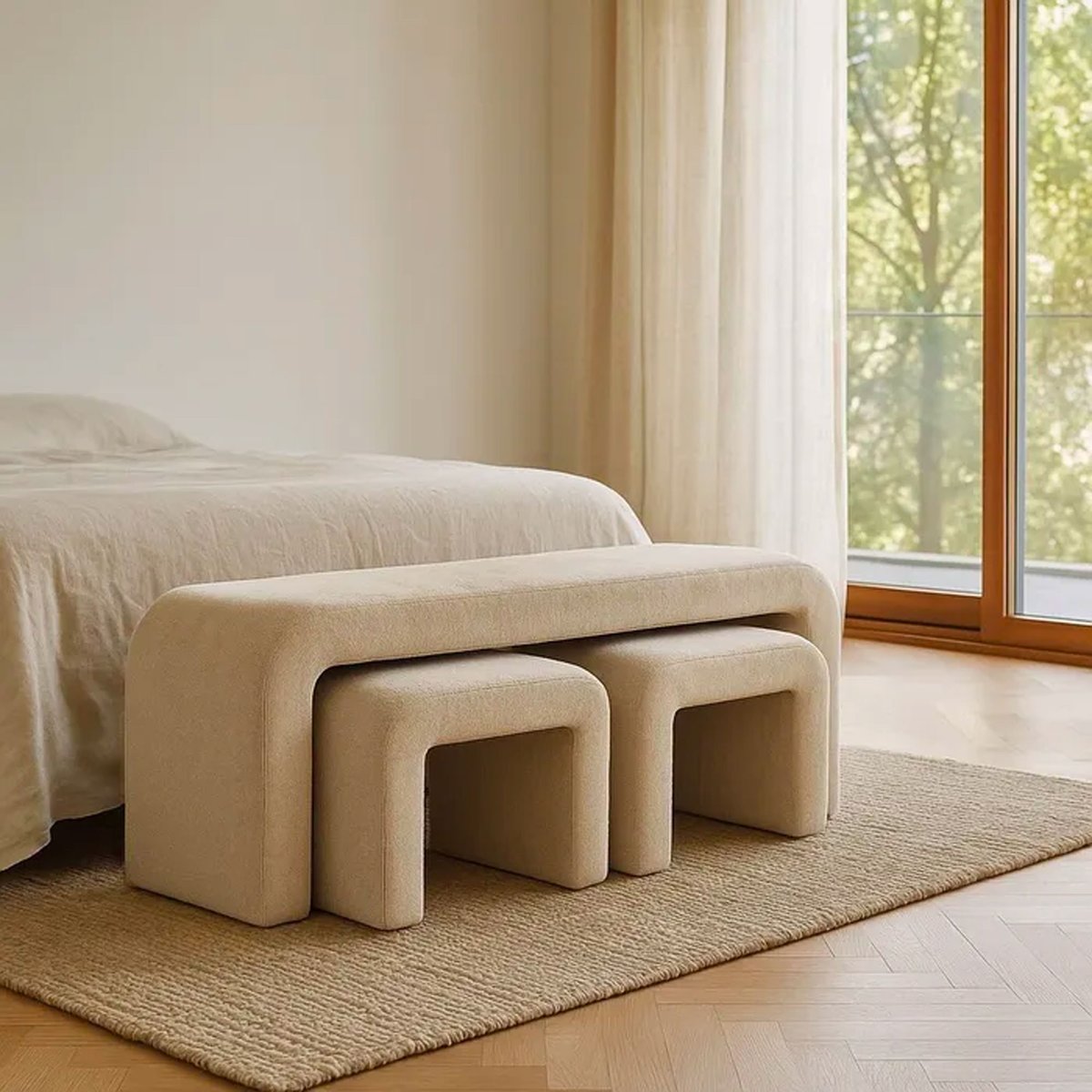 Set de 3 banquettes bouts de lit tissu beige 126x43x50cm beige, WADIGA