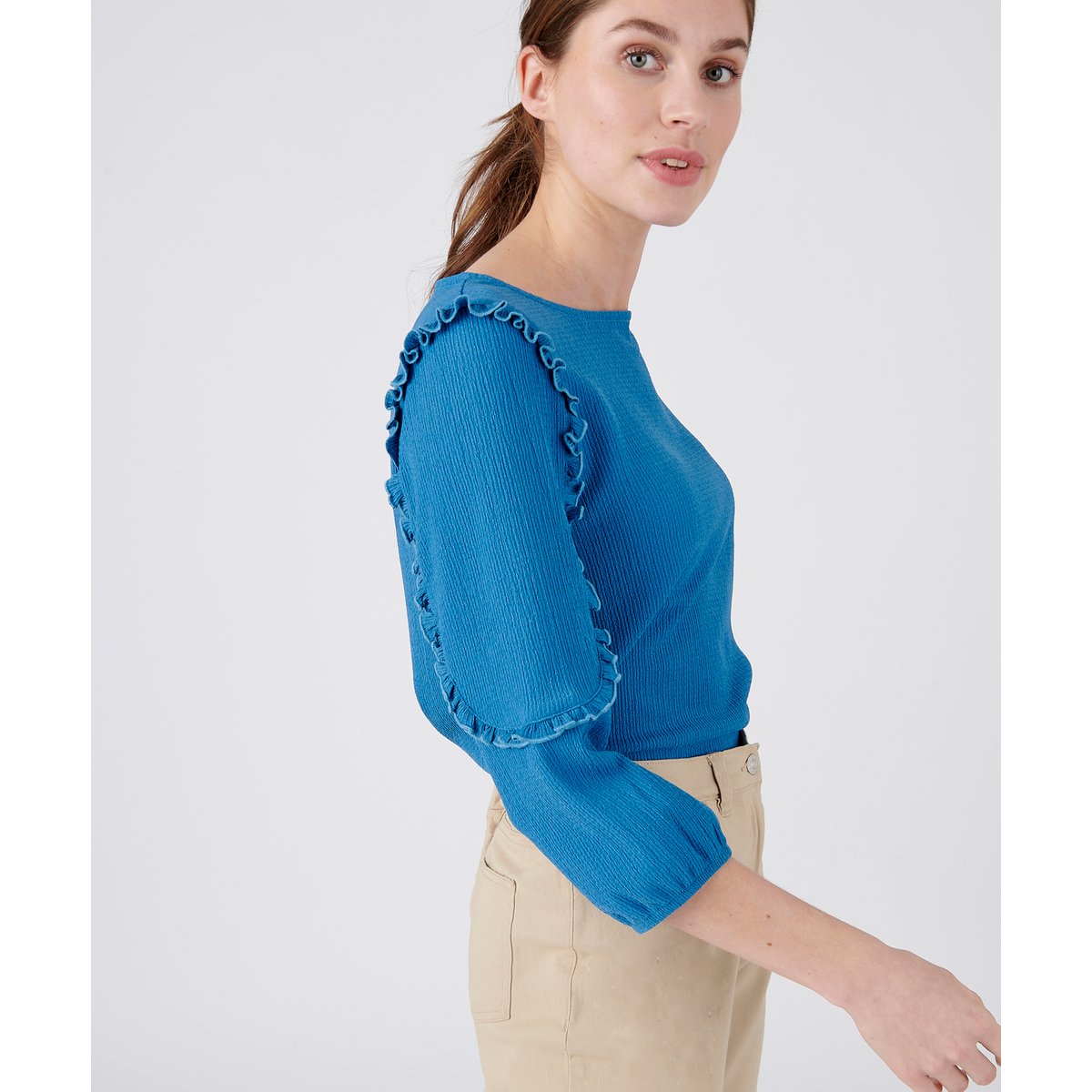T-shirt volantés crêpe recyclé, manches 3/4 bleu, DAMART