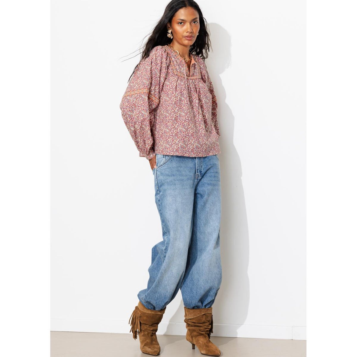 Blouse fleurie manches ballon imprimé écru, PROMOD