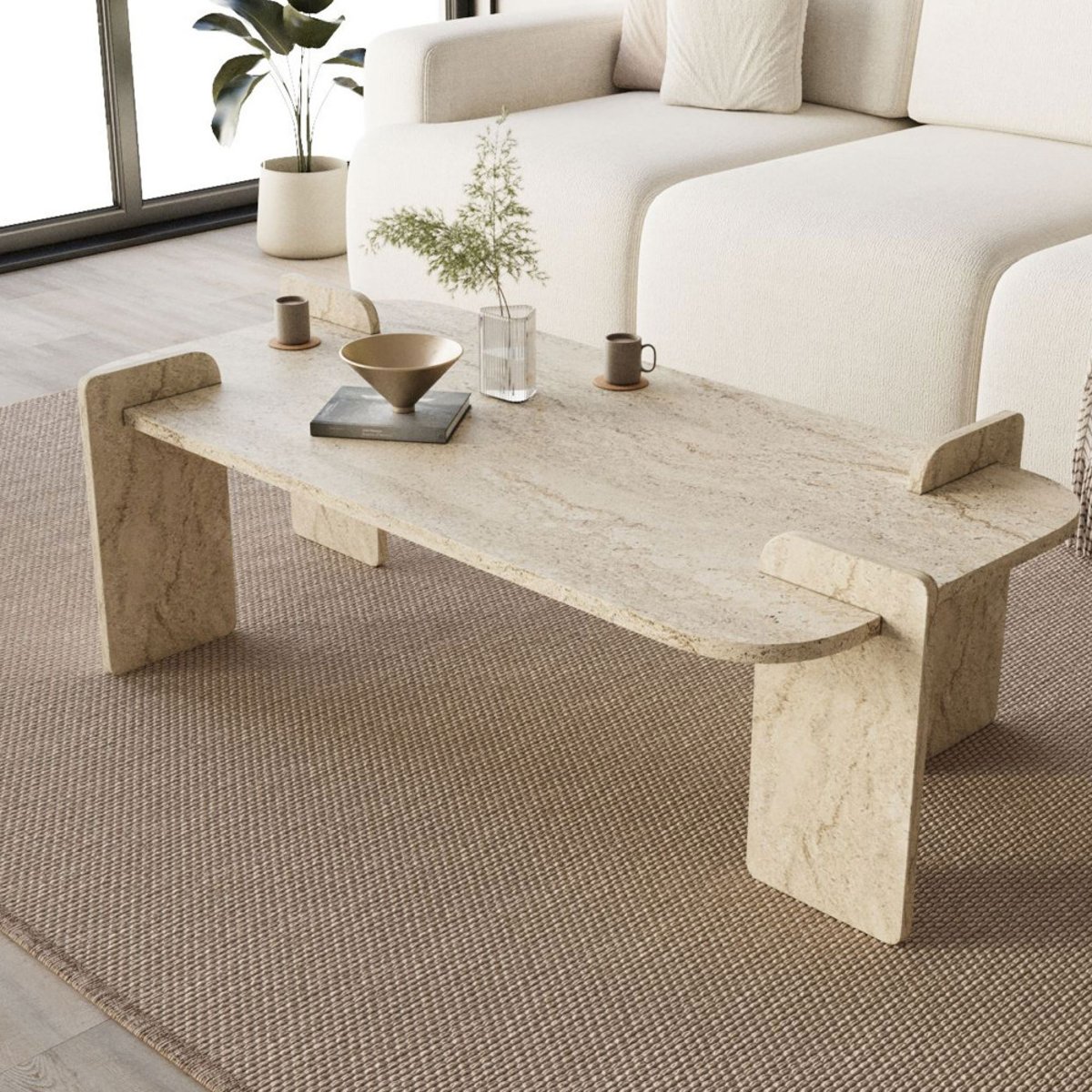 Table basse effet travertin 120x60cm- SOLENI beige, DRAWER