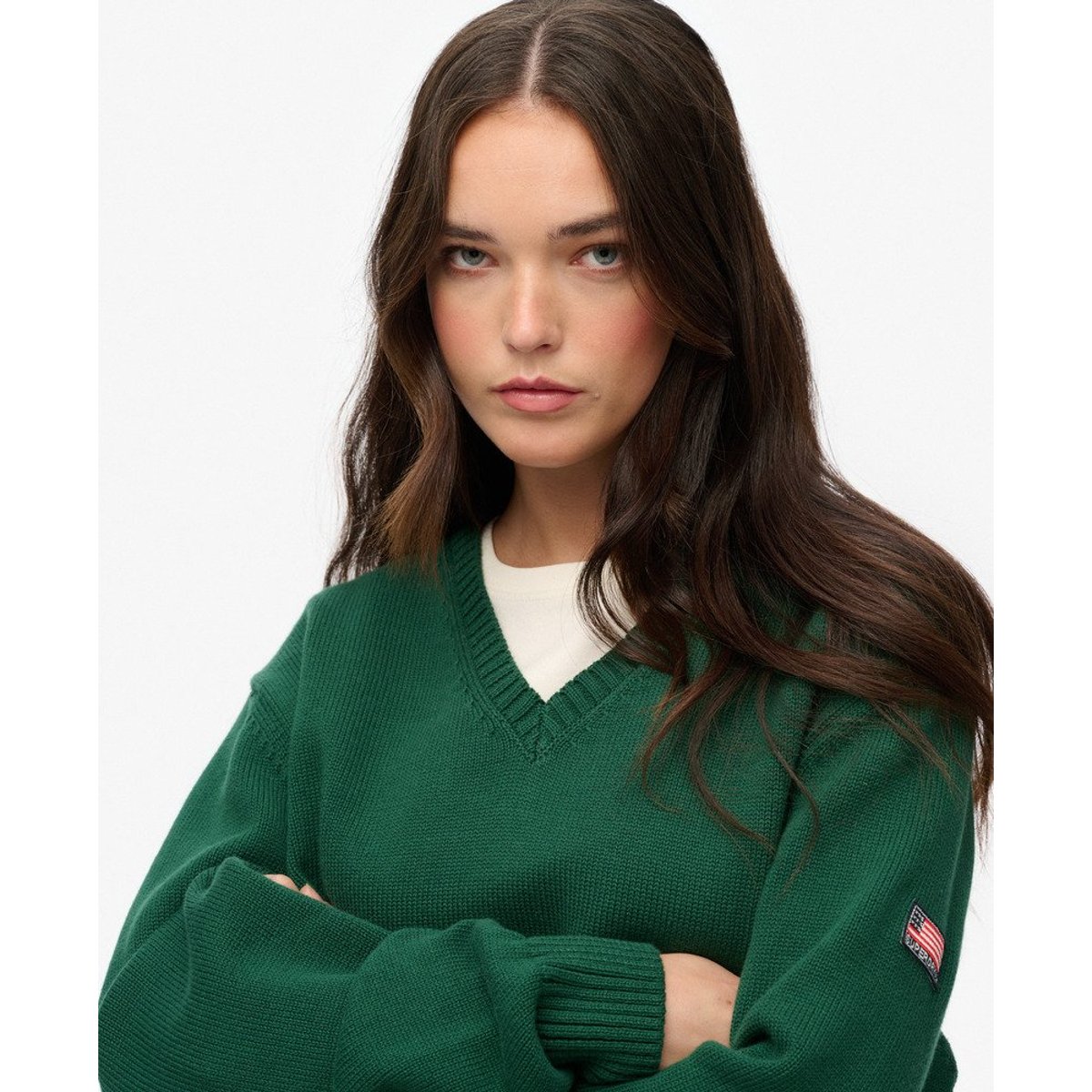 Pull Col V Oversize vert foncé, SUPERDRY