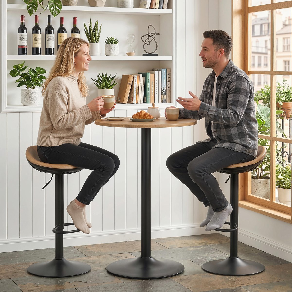 Tabouret de bar PU Chêne chêne, noir, HOMCOM