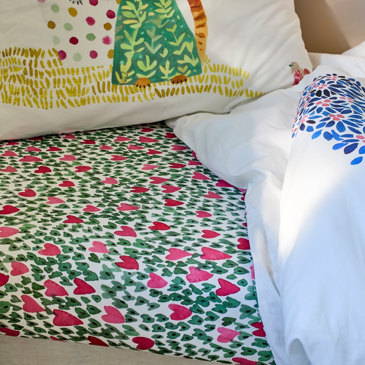 Drap housse coton EUPHORY imprimé, CARRE BLANC