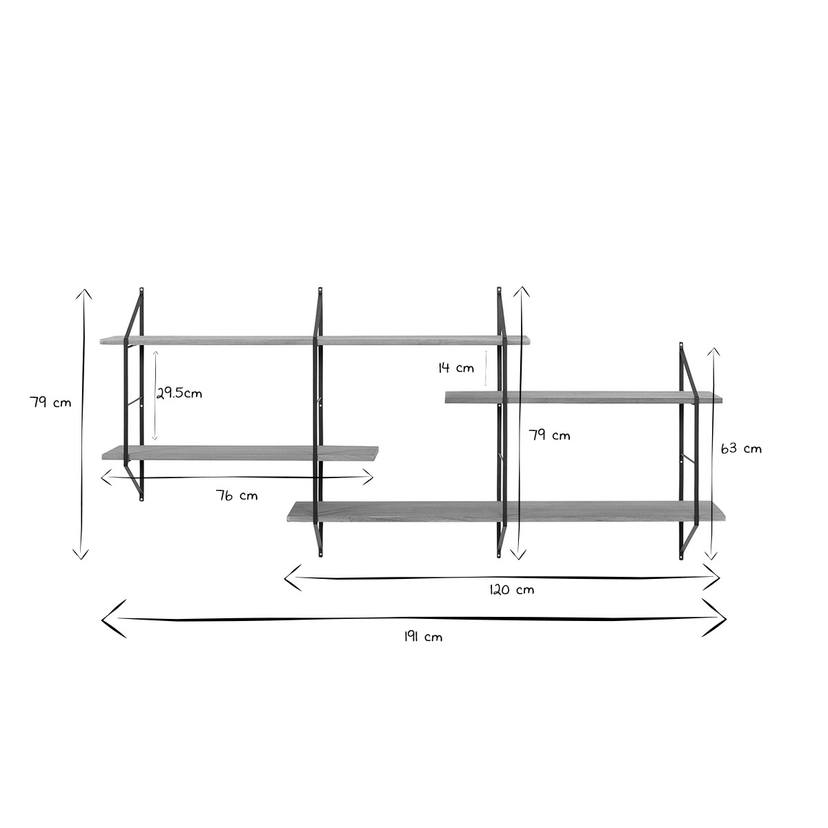 Etagère murale XL modulable en bois clair et métal noir L191 cm BRIDGE bois clair / noir, MILIBOO