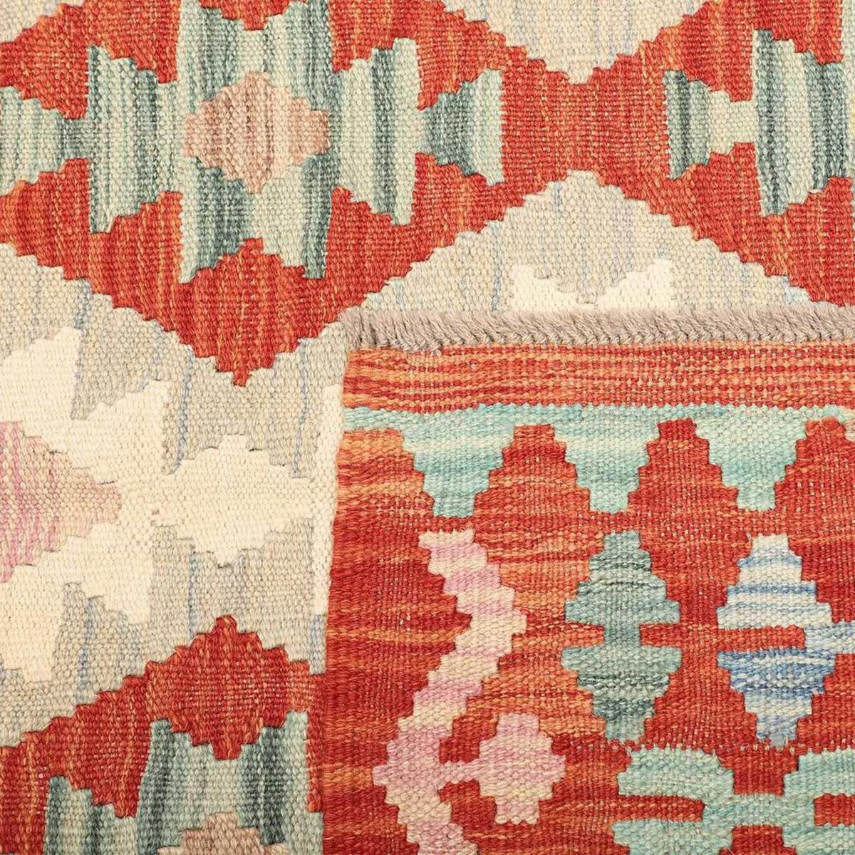 Tapis kilim géométrique, tissé plat en laine, KILIM 86 orange, crème, vert, UN AMOUR DE TAPIS
