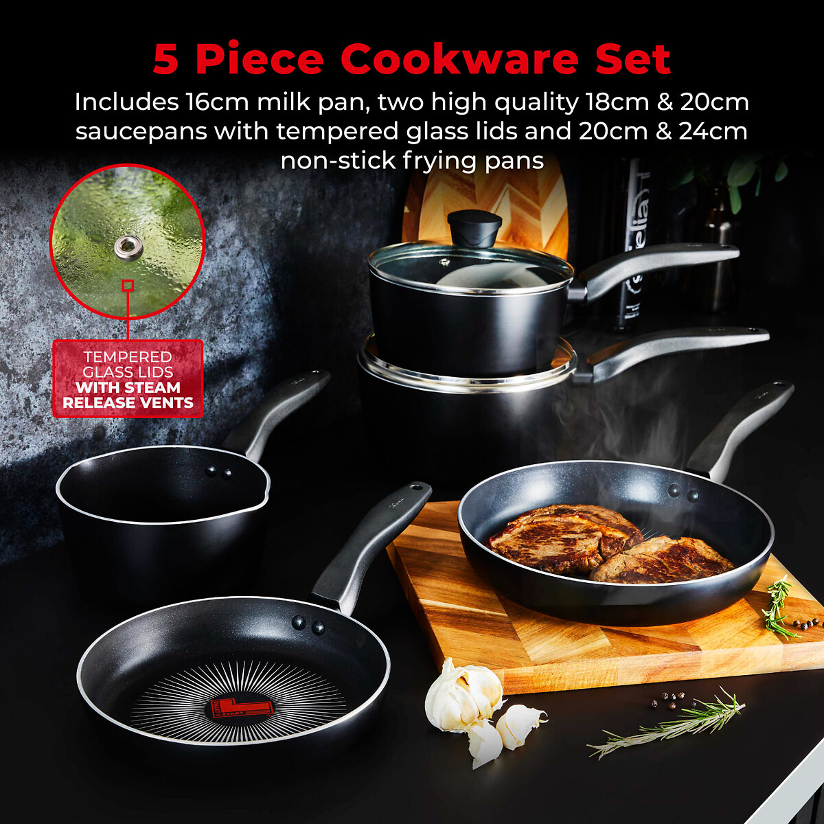 5-Piece Smart Start Forged Cookware Set black, TOWER
