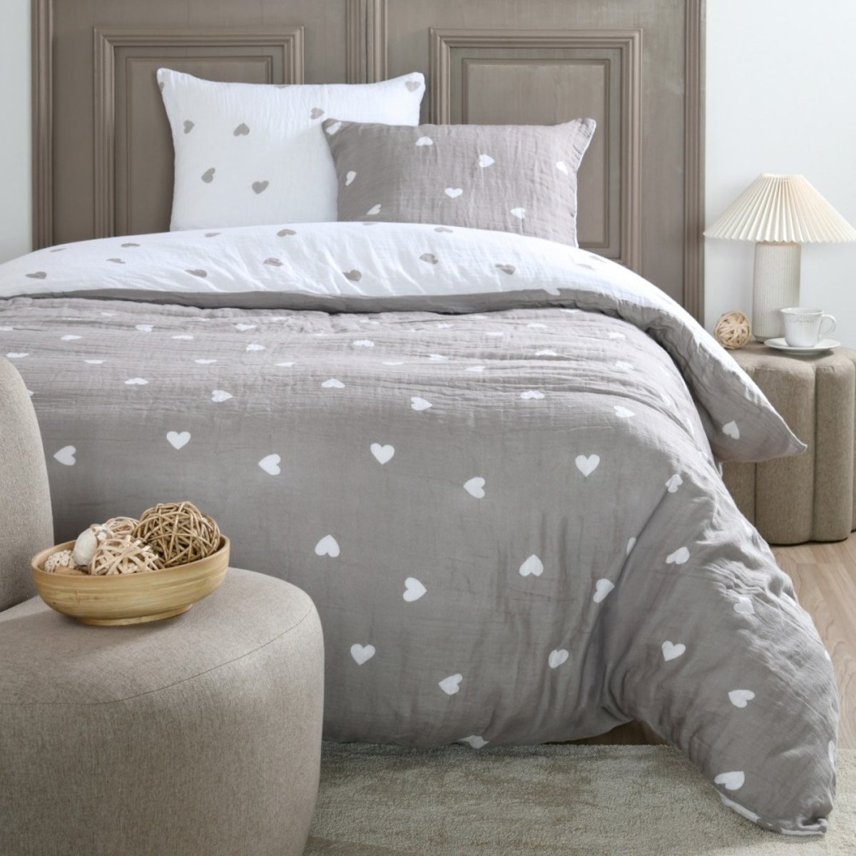 Housse de couette 2 personnes COEURS + 2 taies double gaze de coton blanc, DECORATIE