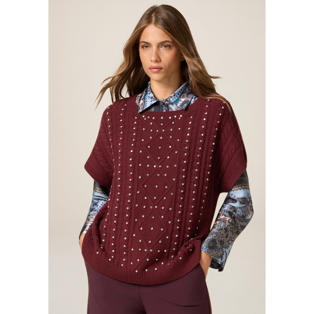 Maillot manches courtes avec sertissages burgundy, OLTRE