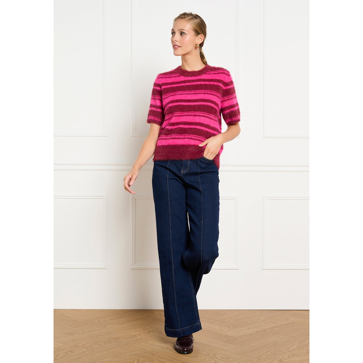 Pull doux rayé à manches courtes bordeaux wine, LOLALIZA