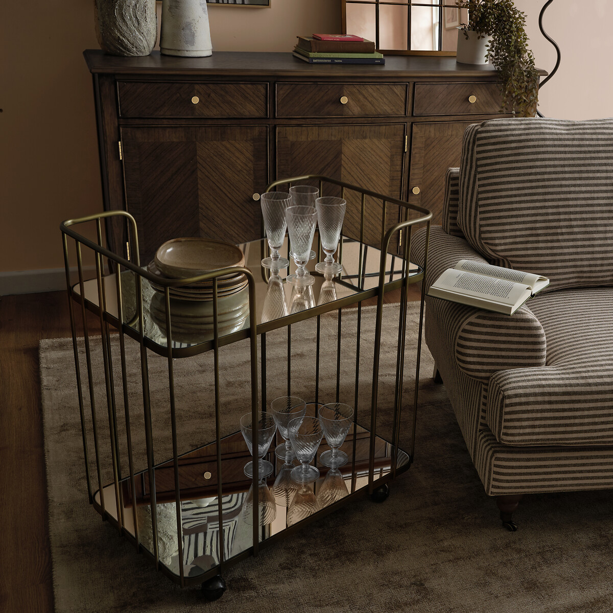 Kolkata Two Tier Glass Drinks Trolley bronze, SO'HOME