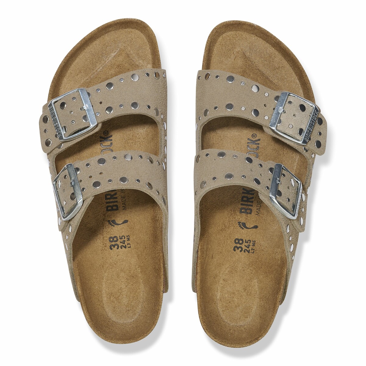 Mules doubles brides en cuir suédé Arizona Rivet taupe, BIRKENSTOCK