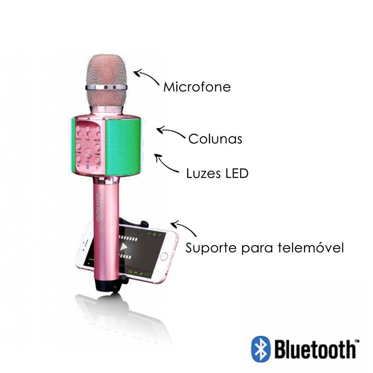 Coluna bluetooth com microfone sem fios, rosa, da Lenco rosa, LENCO