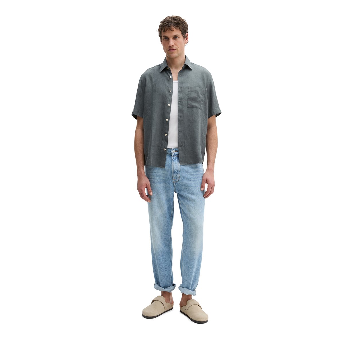 Chemise à manches courtes regular en pur lin gris foncé, MARC O'POLO