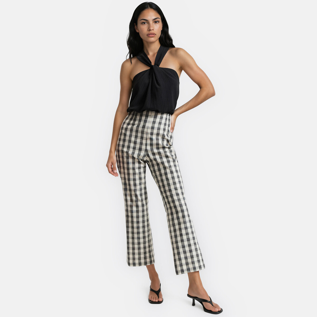 Gingham Print Bootcut Ankle Grazer Trousers black/white gingham, LA REDOUTE COLLECTIONS