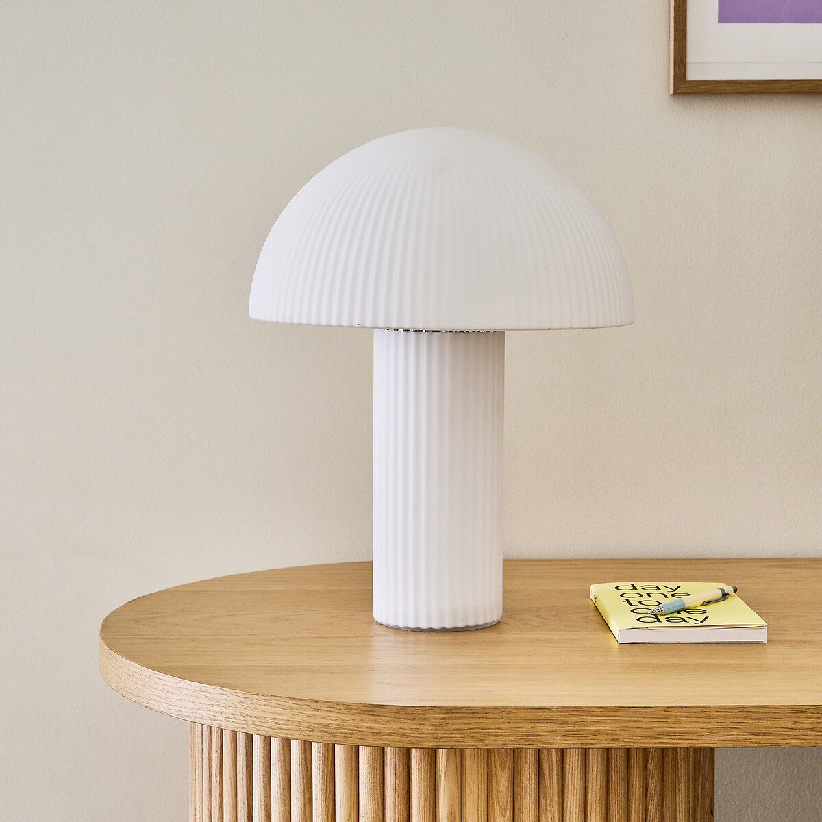 Lampe champignon verre opalin strié H41,7 cm, LOULOU blanc, LA REDOUTE INTERIEURS