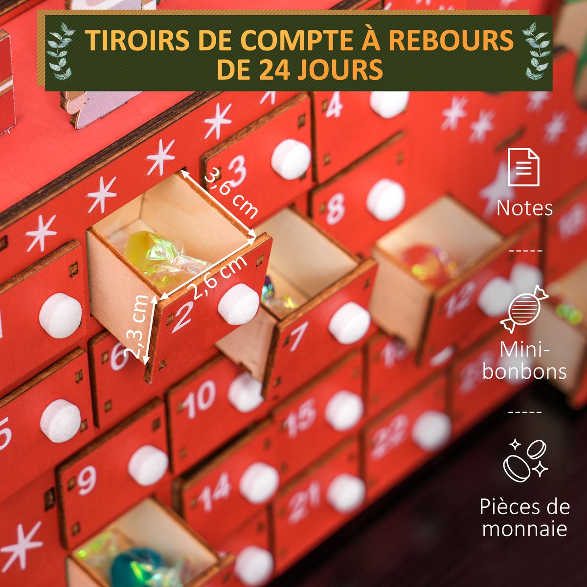 Calendrier de l'Avent de Noël Bois rouge, HOMCOM
