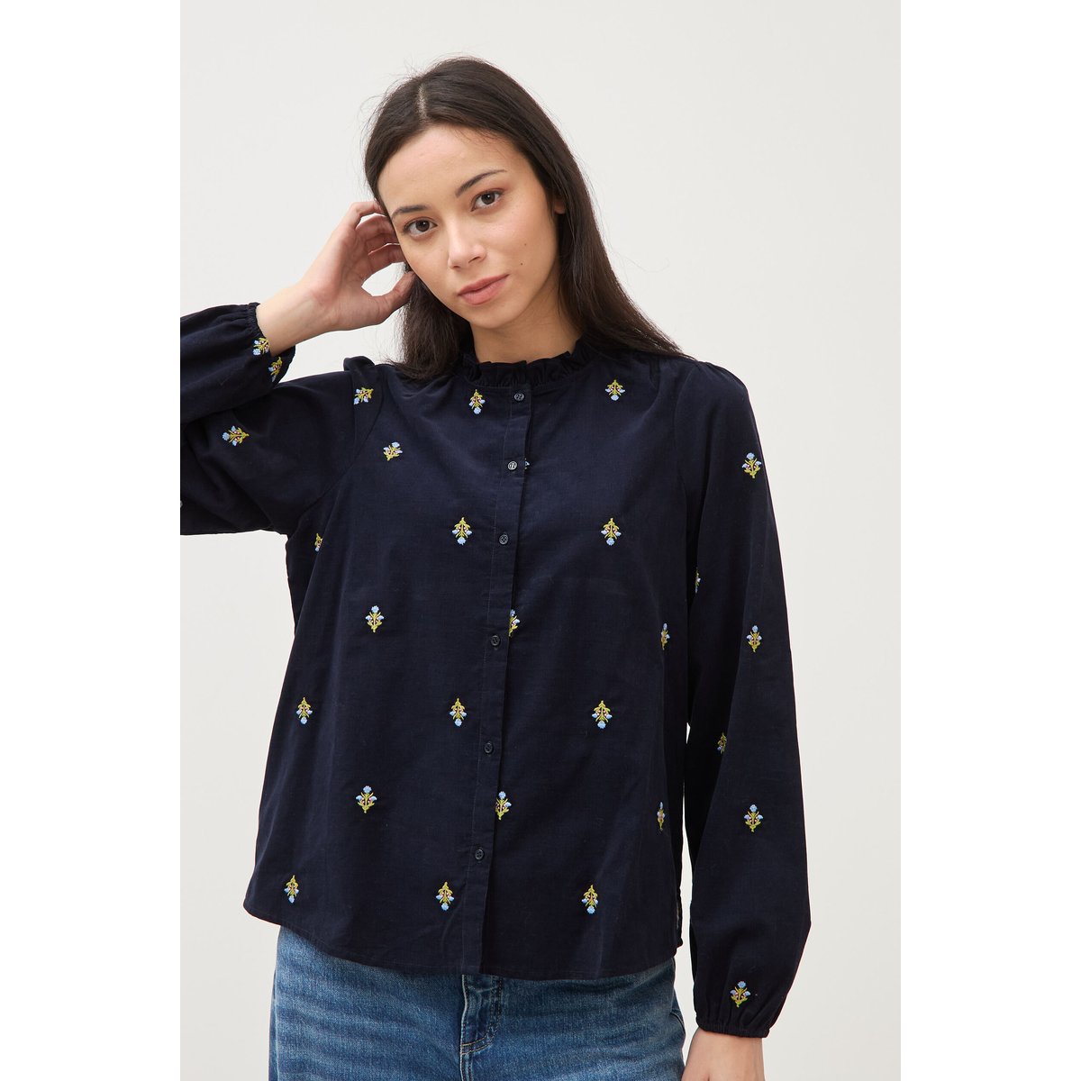 Chemise en coton avec broderie bleu marine, BONOBO