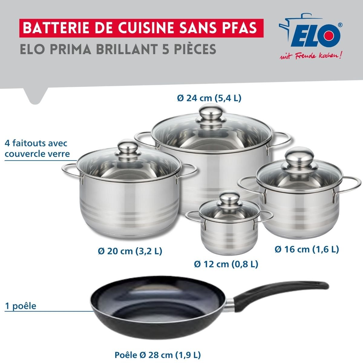 Batterie 1 poêle 28cm + 4 faitouts 12/16/20/24cm PRIMA BRILLANT noir, ELO