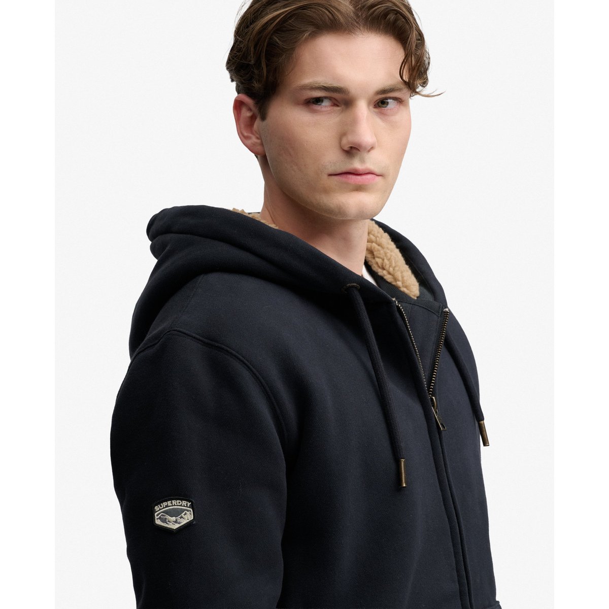 Sweat à capuche zippé doublé en Borg bleu marine éclipse, SUPERDRY