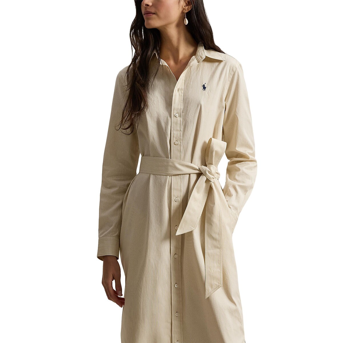 Abito chemisier a righe, maniche lunghe con cintura righe beige / bianco, POLO RALPH LAUREN