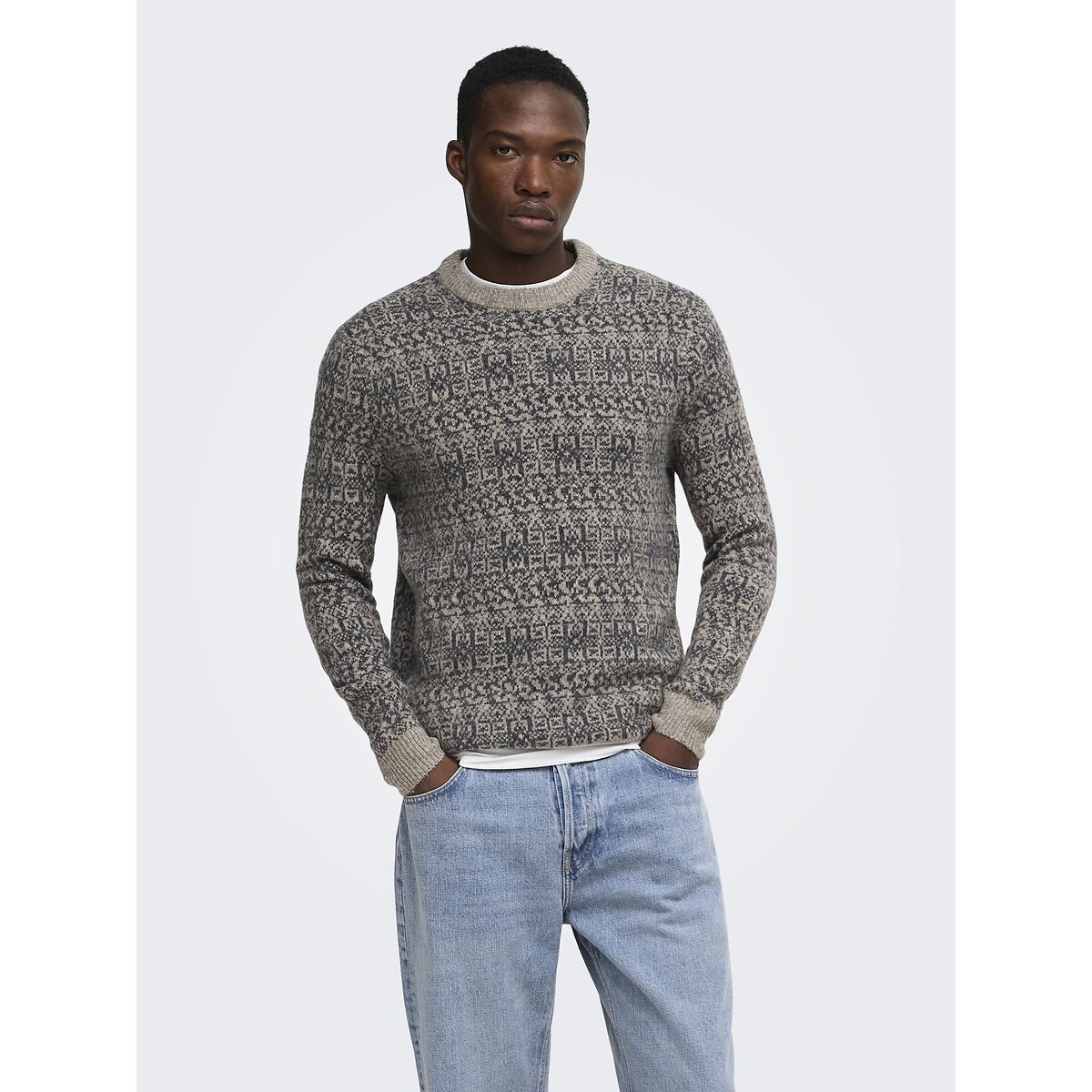 Pull col rond, en 61% laine, Nordic beige, ONLY & SONS
