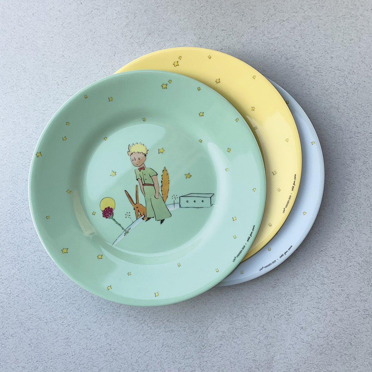 3 Assiettes à dessert LE PETIT PRINCE bleu / jaune / vert, PETIT JOUR