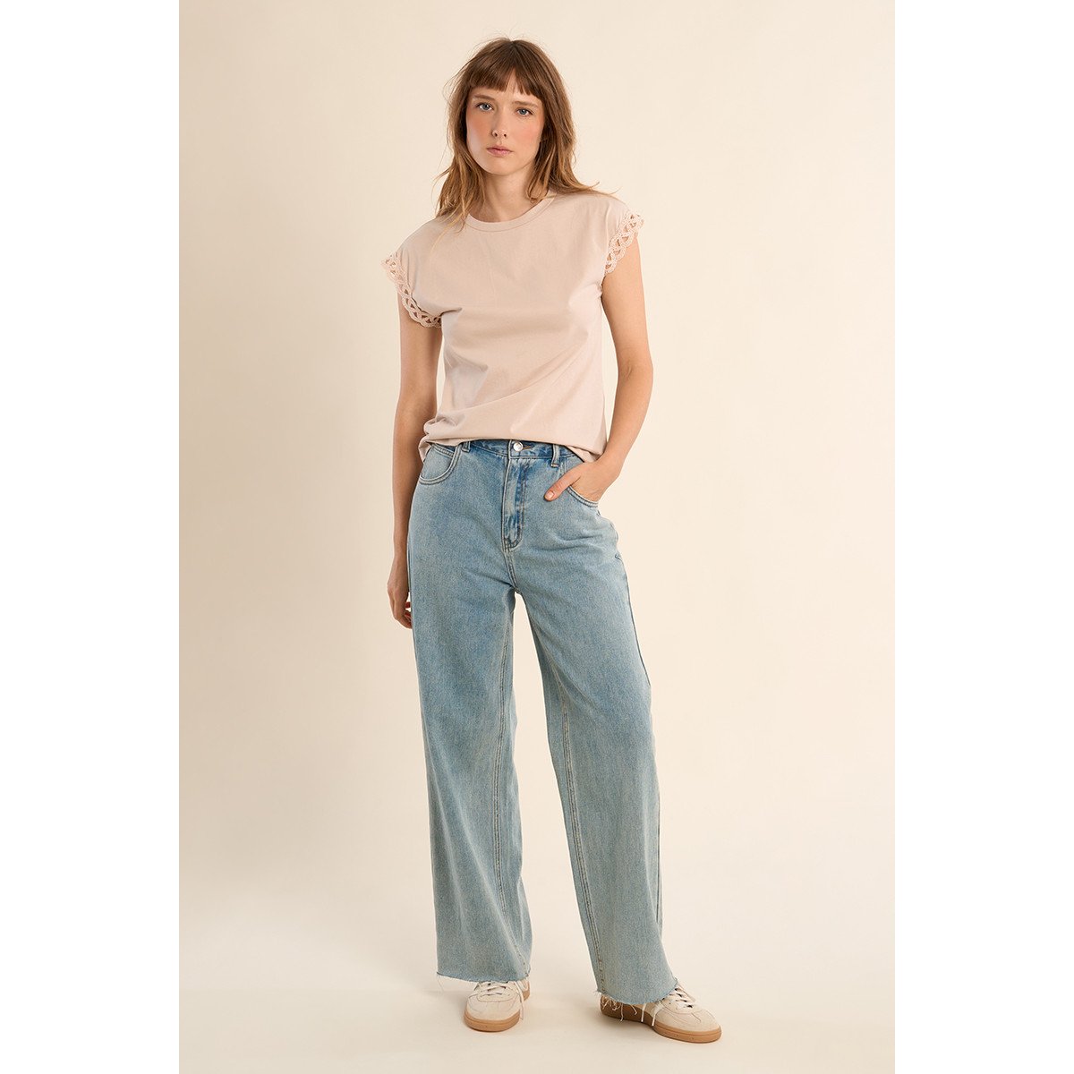 T-shirt manches ajourées beige, MOLLY BRACKEN