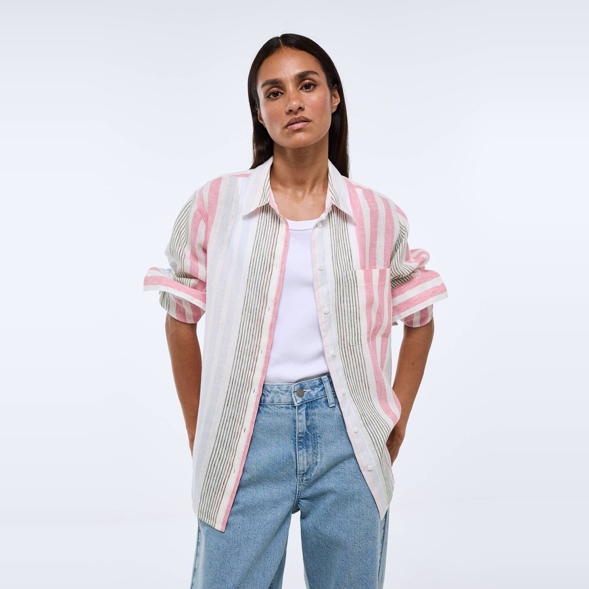 Chemise manches longues rayée en lin azalee, MONOPRIX